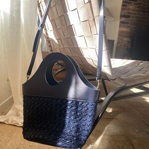 Woven Raffia & Leather Navy handbag, cross body and hand held